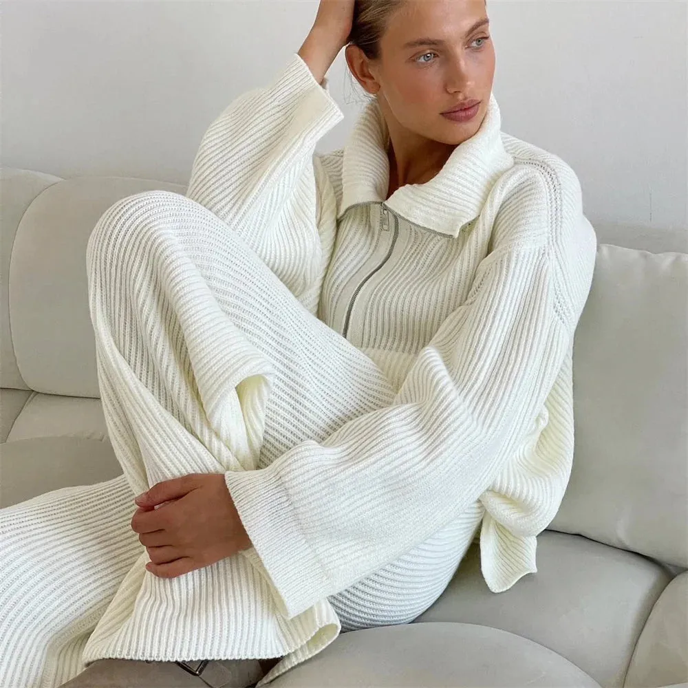 wool blend loose long sweater with matching knit wool trousers