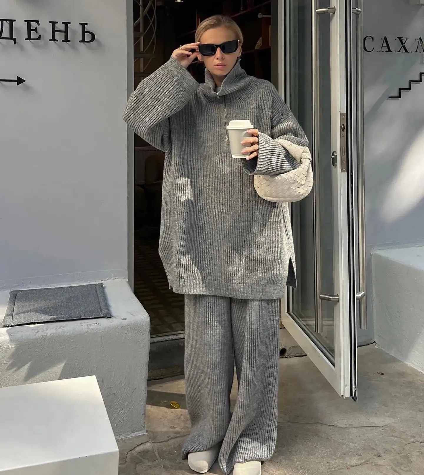 wool blend loose long sweater with matching knit wool trousers