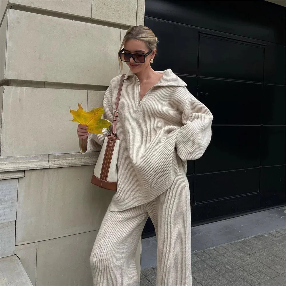 wool blend loose long sweater with matching knit wool trousers