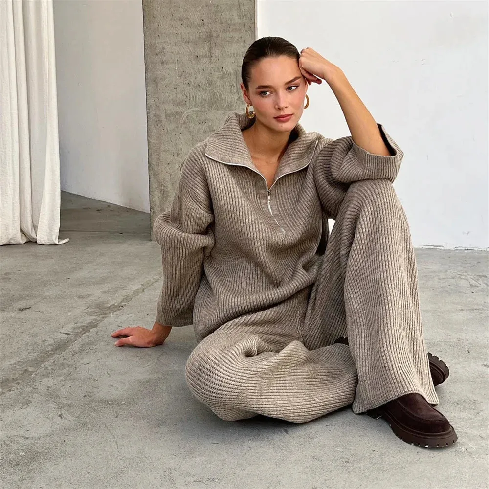 wool blend loose long sweater with matching knit wool trousers
