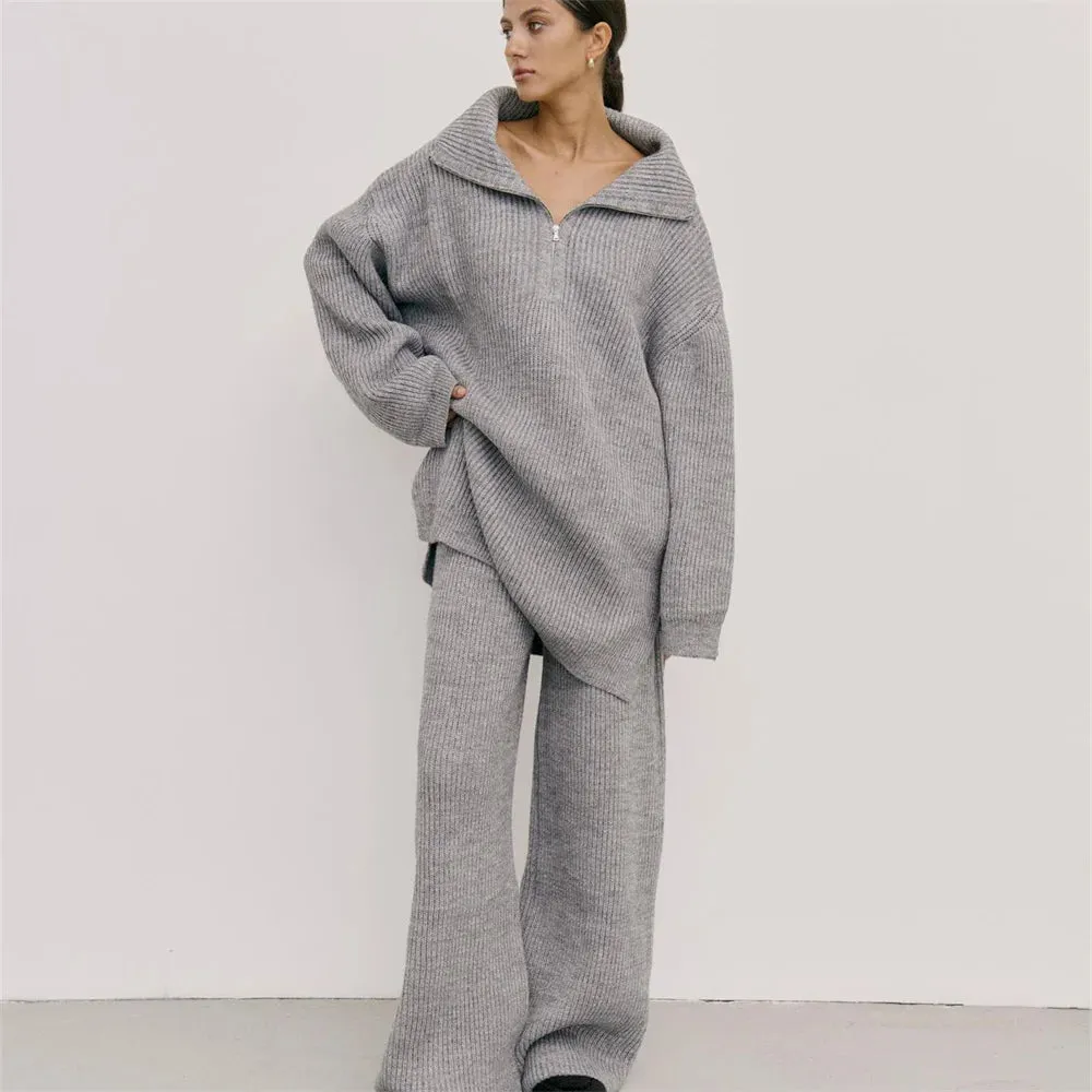 wool blend loose long sweater with matching knit wool trousers