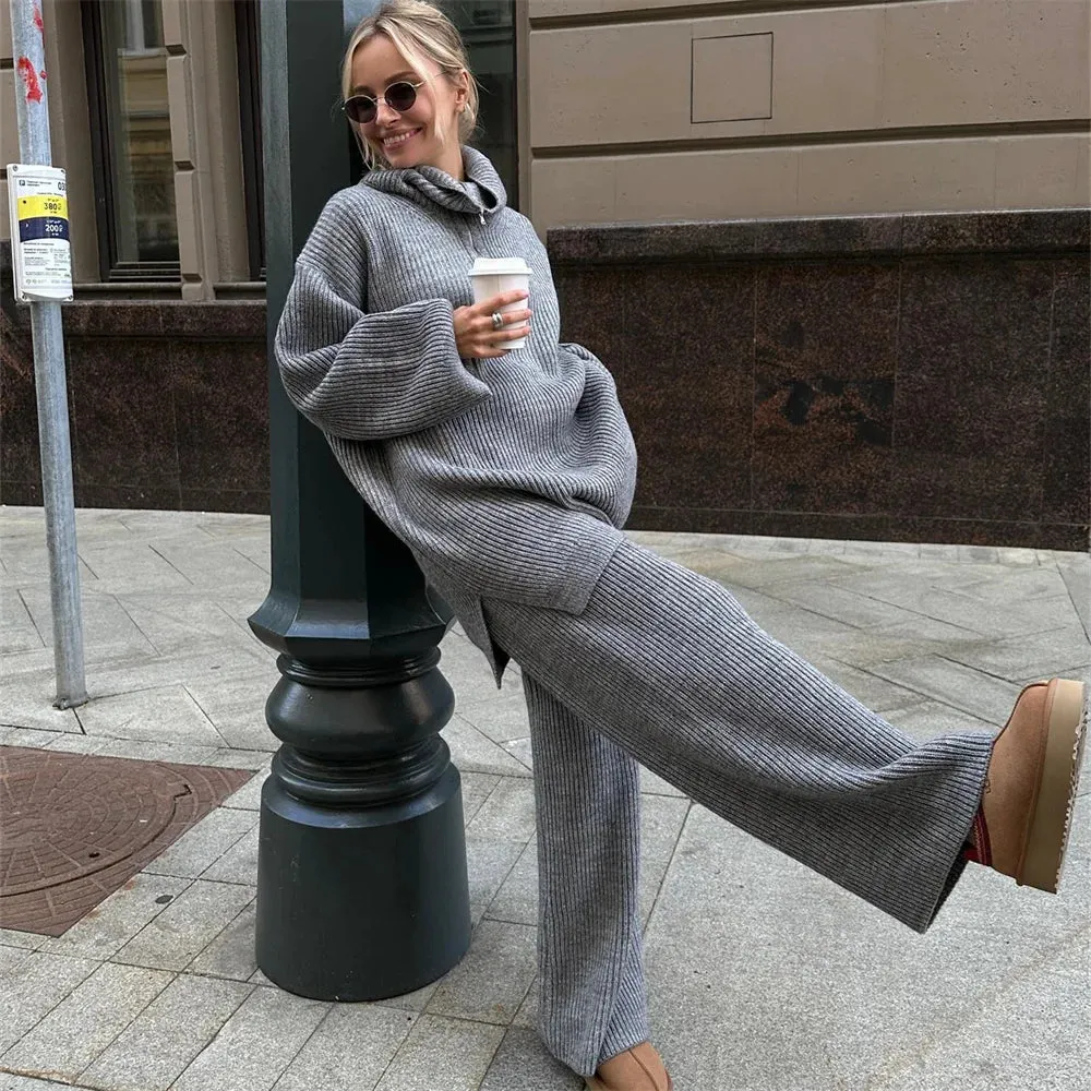 wool blend loose long sweater with matching knit wool trousers