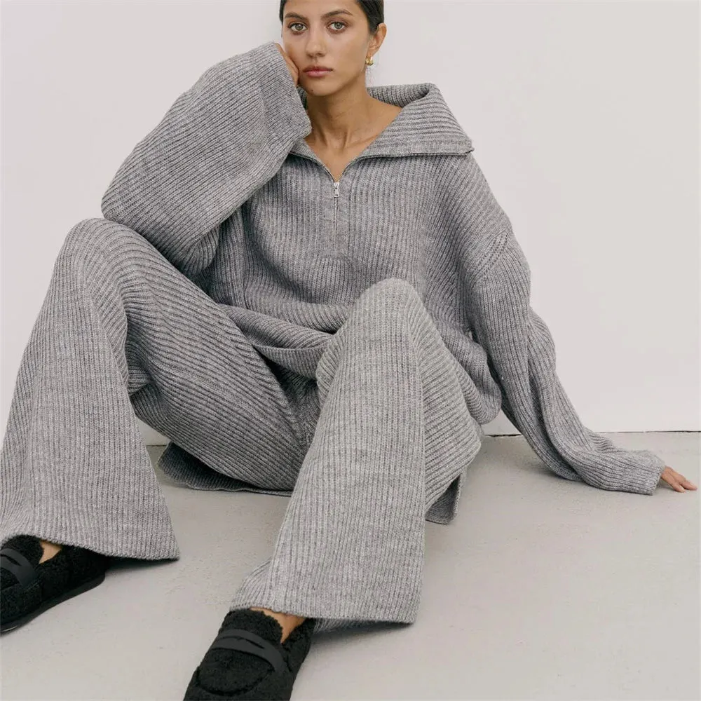 wool blend loose long sweater with matching knit wool trousers