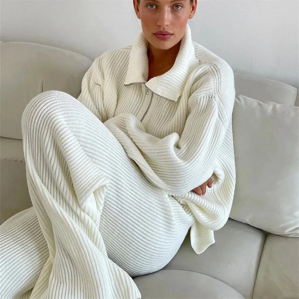 wool blend loose long sweater with matching knit wool trousers