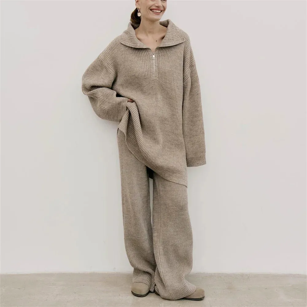 wool blend loose long sweater with matching knit wool trousers