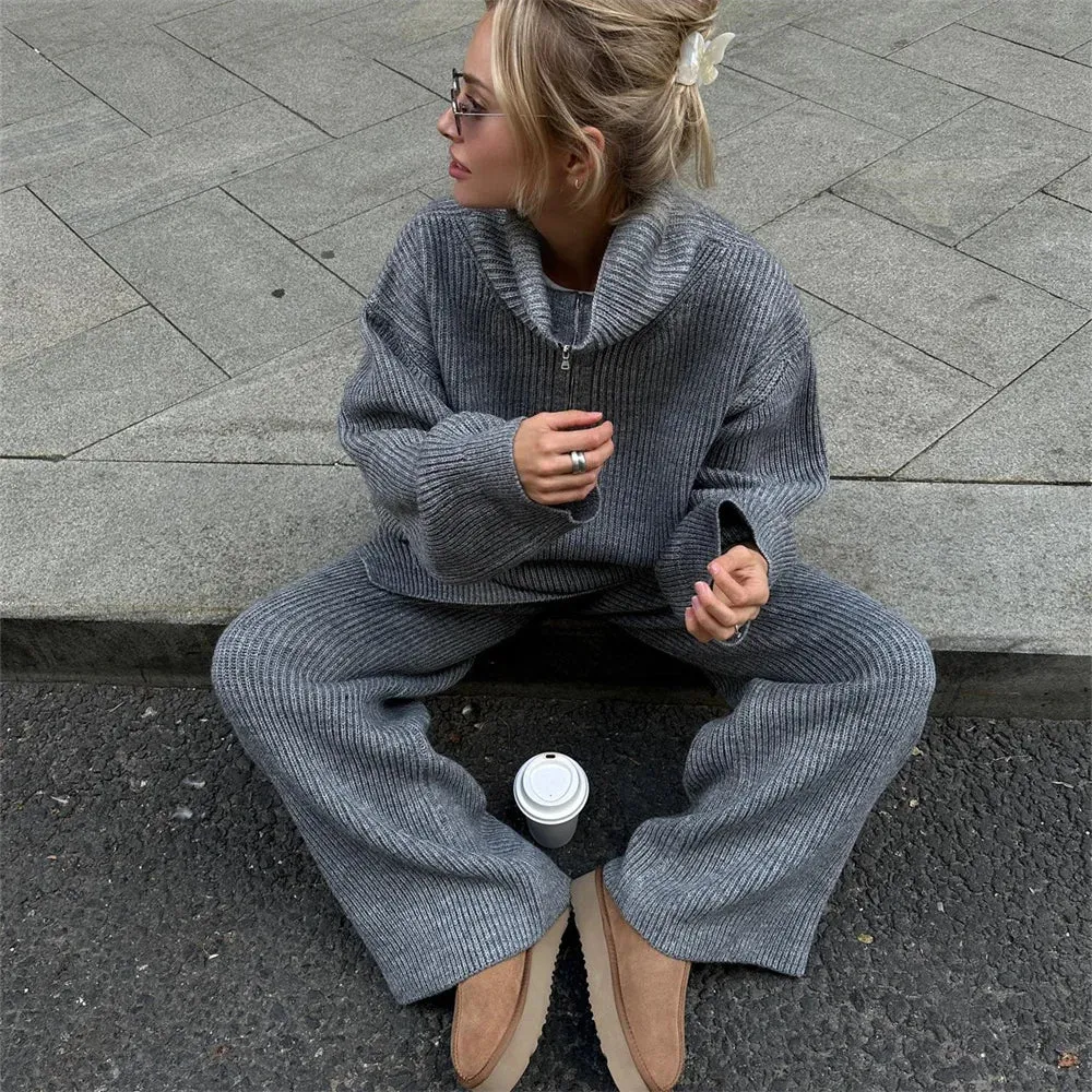 wool blend loose long sweater with matching knit wool trousers